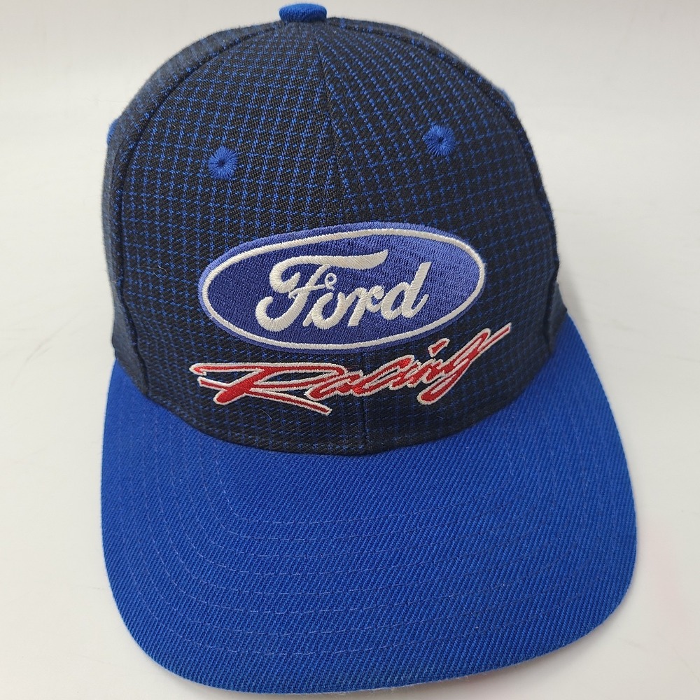 Vintage Ford Racing Hat‎ Adjustable (Seems Small) Black Blue Logo Athletic Grid